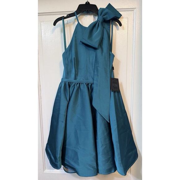 NWT Mac Duggal Teal Halter High Neck Shoulder Bow Mini Dress 20710 Size 2 - Picture 3 of 16